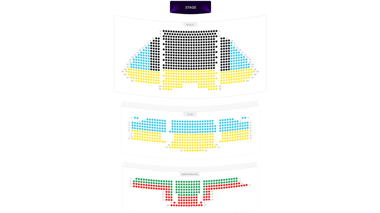 Seating chart for a theater with stalls, club, and amphitheatre sections.
