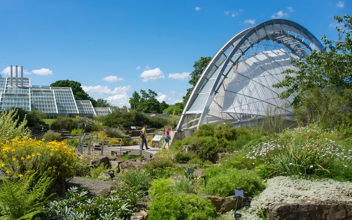 Kew Gardens glasshouse with visitors walking through lush gardens.