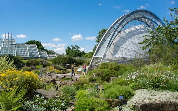 Kew Gardens glasshouse with visitors walking through lush gardens.