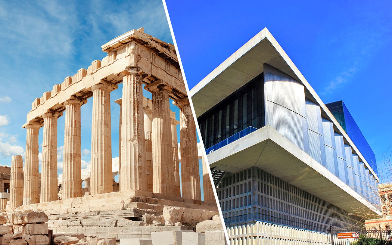 Acropolis and Parthenon with Acropolis Museum in Athens, Greece.