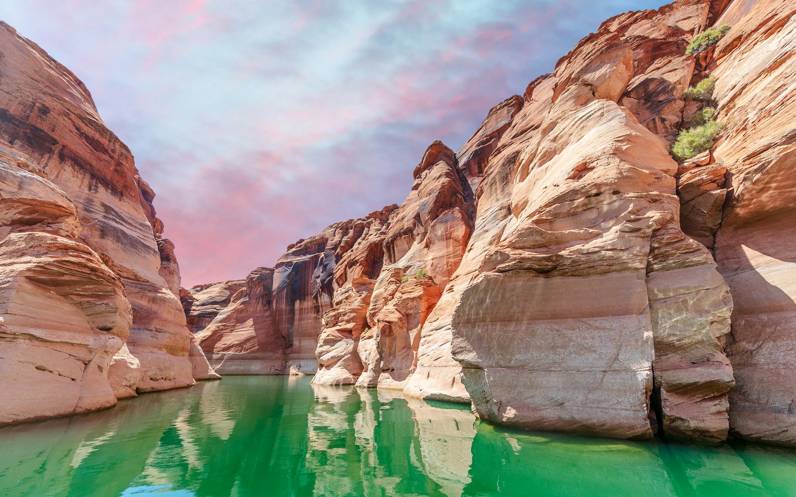 Wide angle view of Antelope Canyon's sandstone walls at sunset, Lake Powell, Arizona.