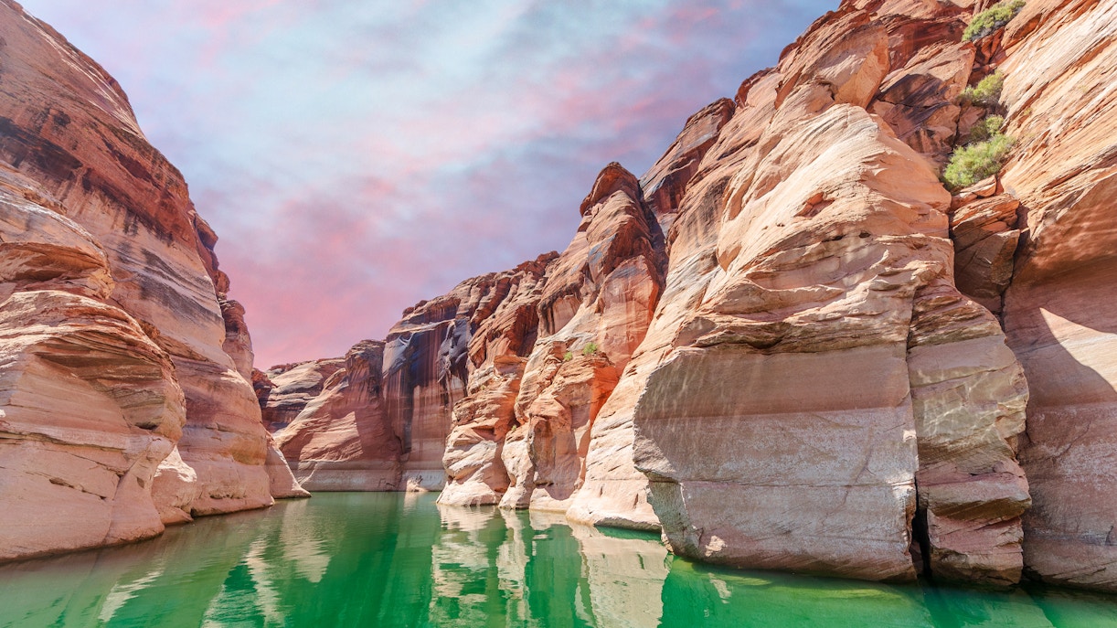Wide angle view of Antelope Canyon's sandstone walls at sunset, Lake Powell, Arizona.