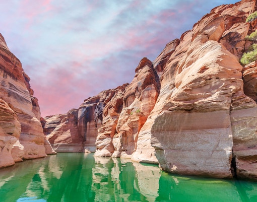 Wide angle view of Antelope Canyon's sandstone walls at sunset, Lake Powell, Arizona.