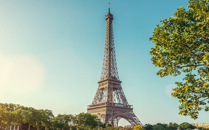 Eiffel Tower in Paris with morning sunlight and surrounding trees.