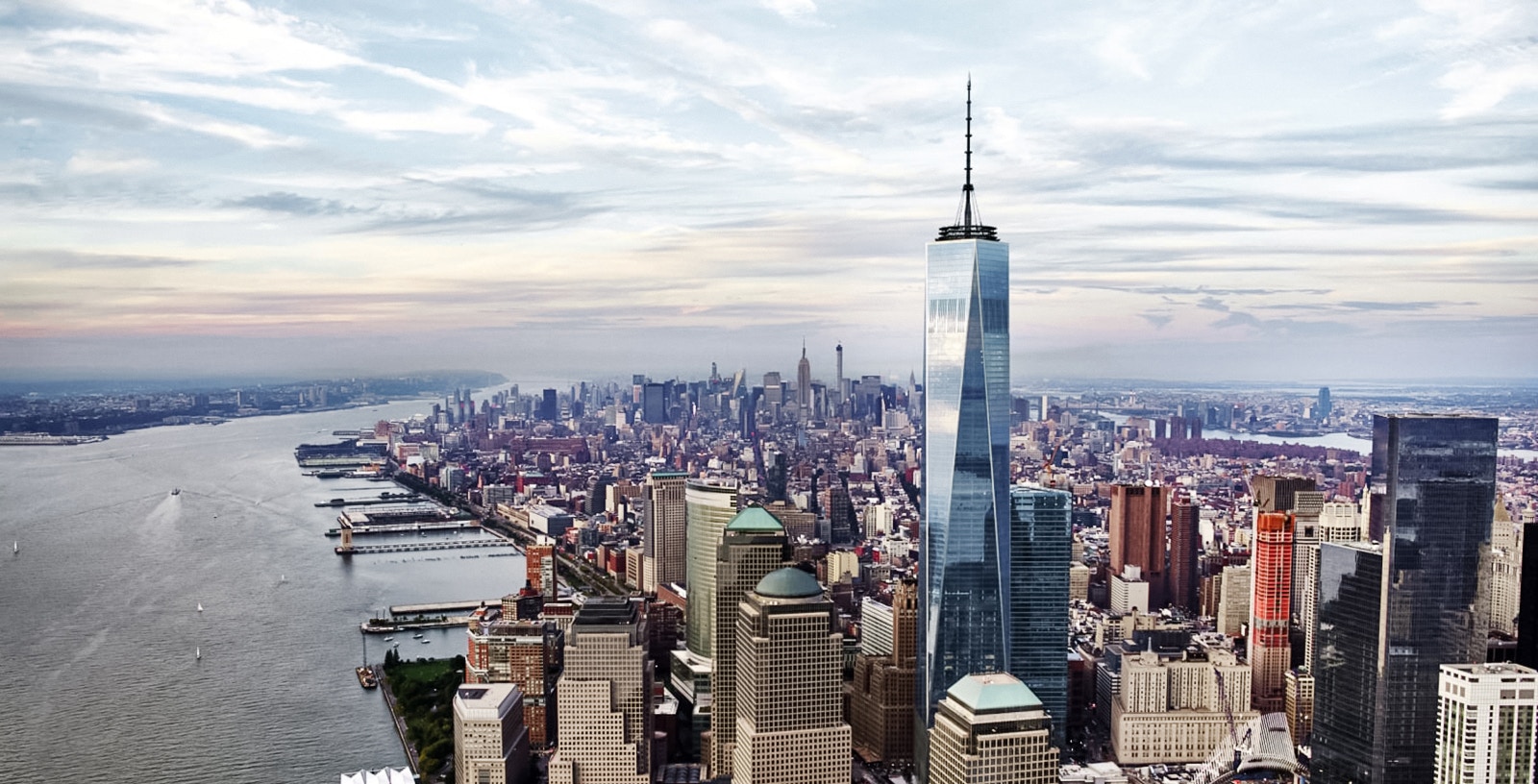 One World Observatory view of New York City skyline with iconic skyscrapers.