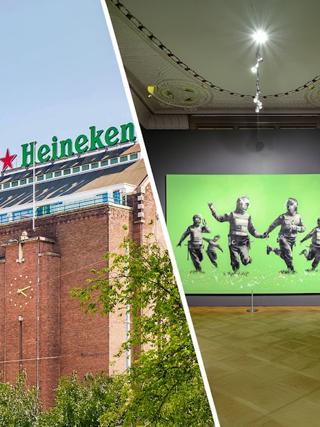 Heineken Experience building and Moco Museum artwork in Amsterdam.