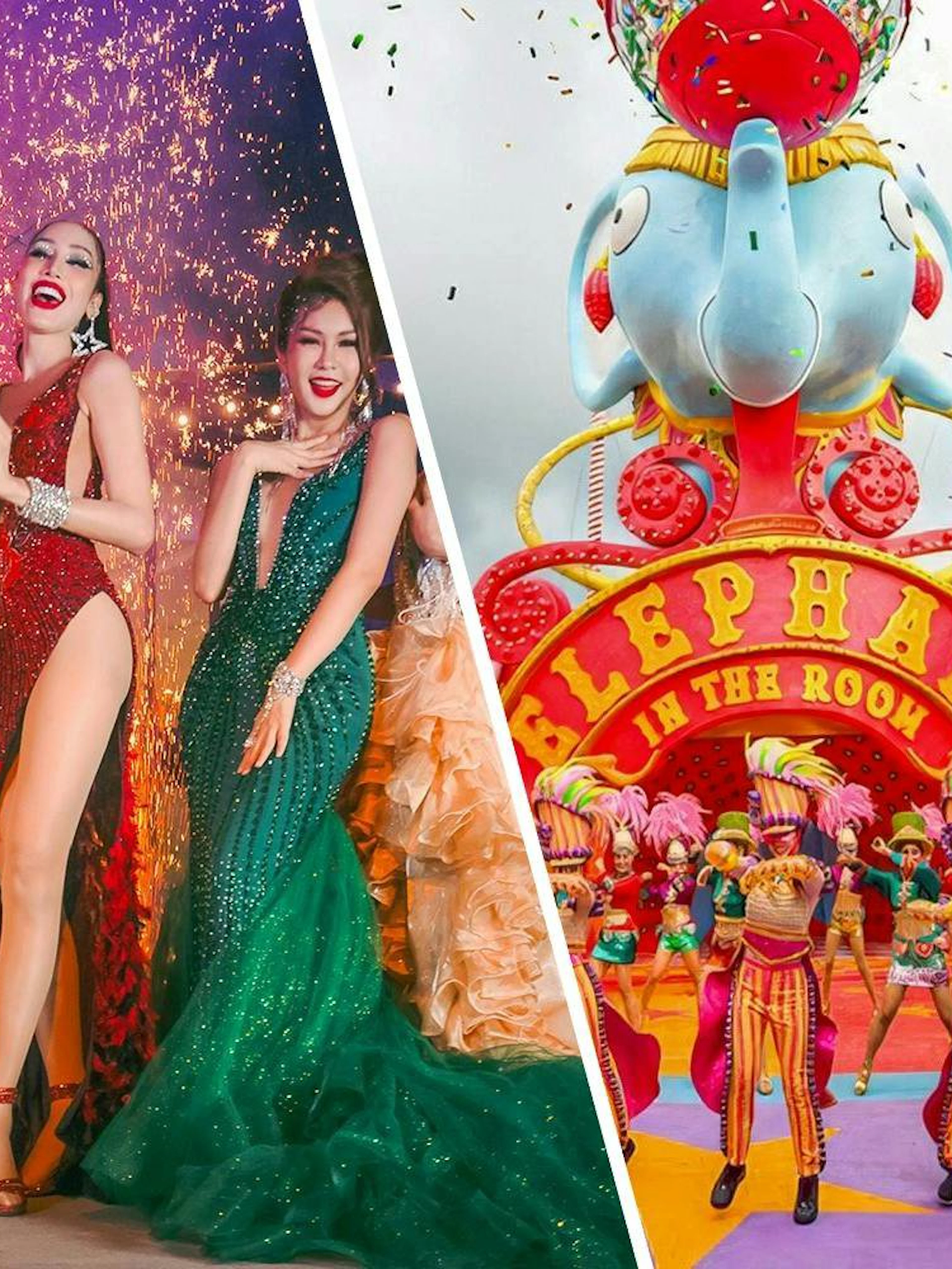 Simon Cabaret performers in vibrant costumes and Carnival Magic parade with colorful floats.