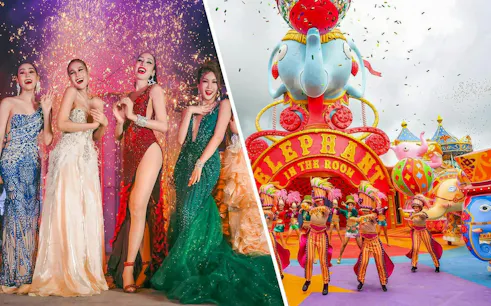 Simon Cabaret performers in vibrant costumes and Carnival Magic parade with colorful floats.