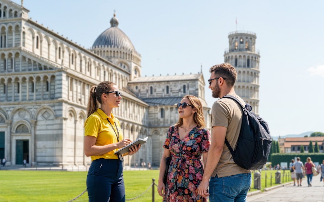 Guide talking to a couple in front of Pisa Cathedral and Leaning Tower, Italy.