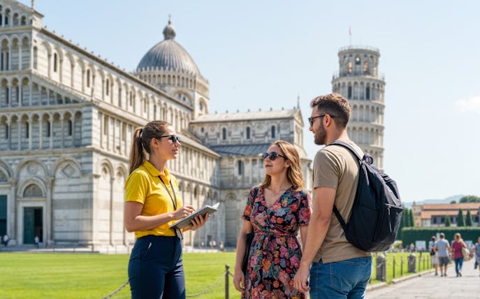 Guide talking to a couple in front of Pisa Cathedral and Leaning Tower, Italy.