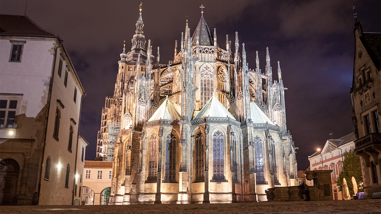 St. Vitus Cathedral facade at Prague Castle, showcasing Gothic architecture.