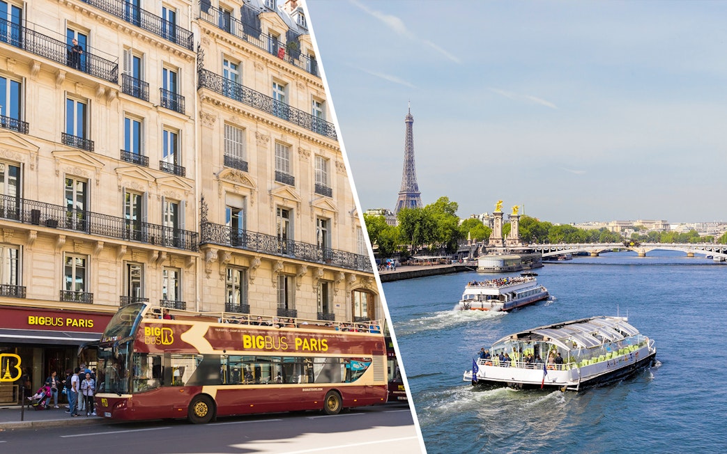 BigBus Paris sightseeing bus and Seine River cruise with Eiffel Tower view.