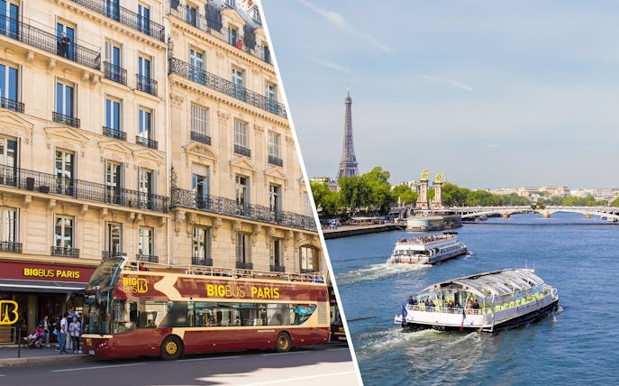 BigBus Paris sightseeing bus and Seine River cruise with Eiffel Tower view.