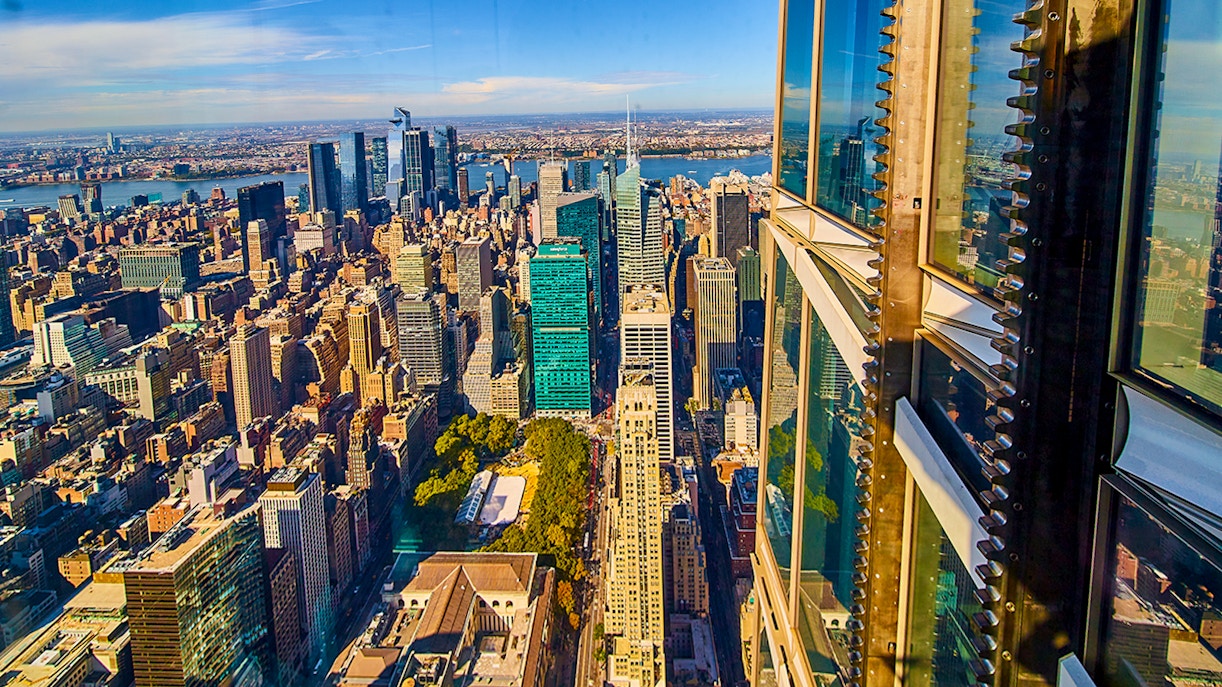 View of New York City skyline from SkyPod at One World Observatory.