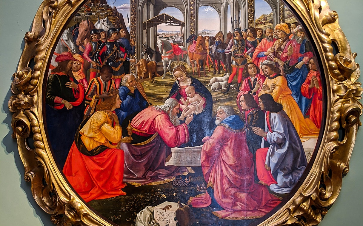 Adoration of the Magi painting inside the Uffizi Gallery, Florence.