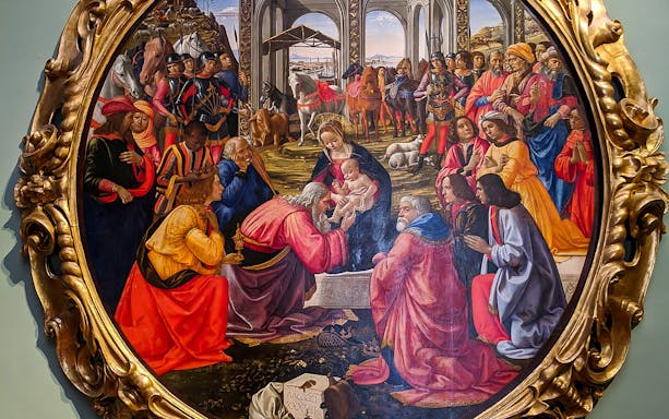 Adoration of the Magi painting inside the Uffizi Gallery, Florence.
