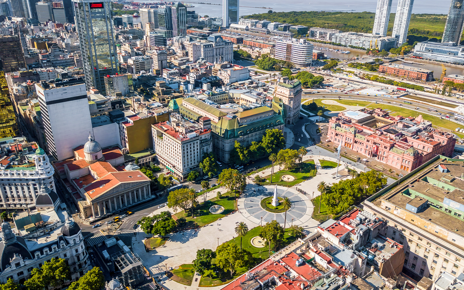 Aerial view of Plaza de Mayo with Casa Rosada in Buenos Aires, Argentina.