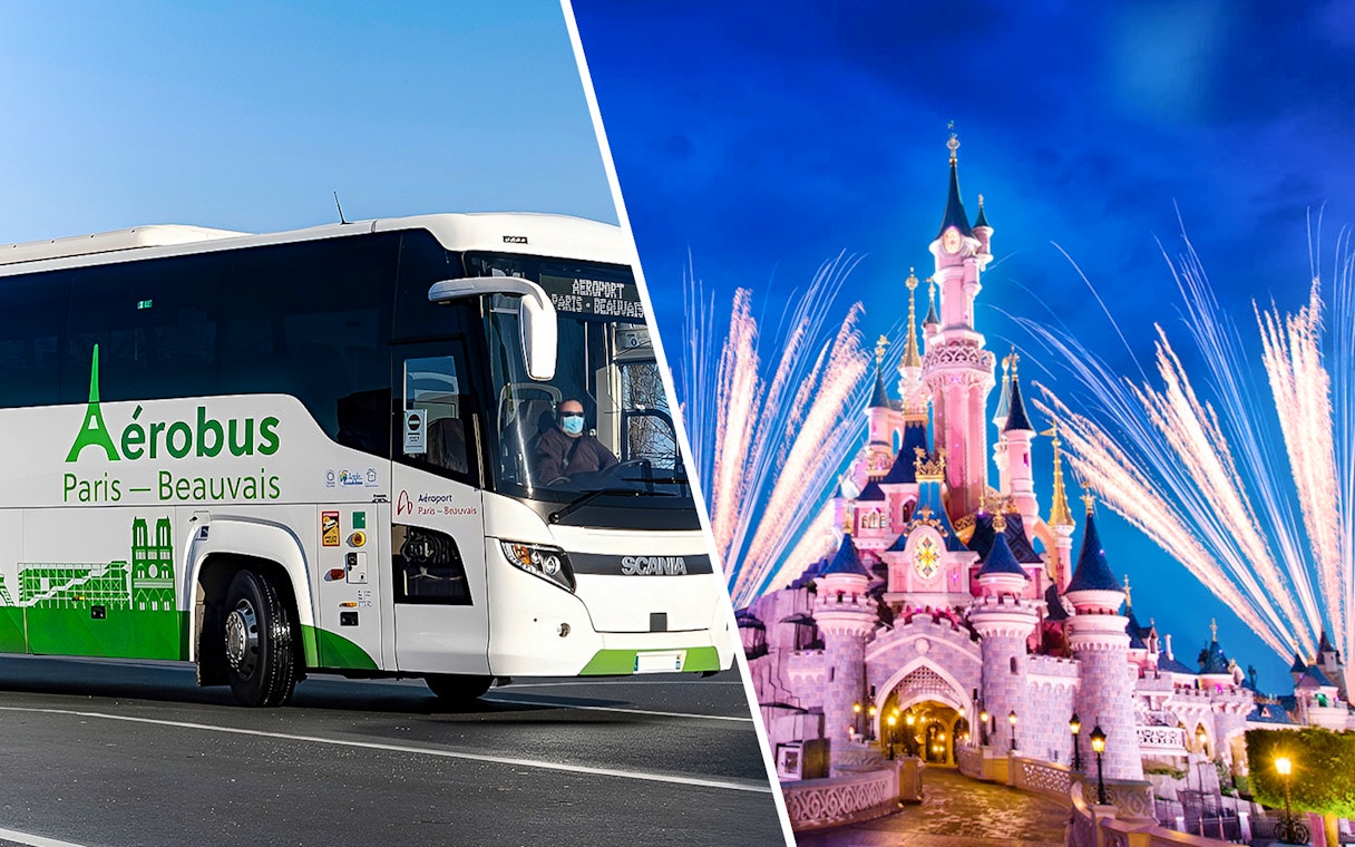 Aerobus transfer to Disneyland Paris with fireworks over Sleeping Beauty Castle.