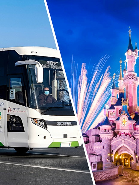Aerobus transfer to Disneyland Paris with fireworks over Sleeping Beauty Castle.