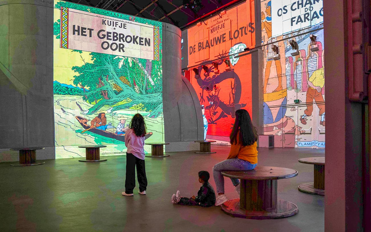 Visitors viewing Tintin comic projections at Fabrique des Lumières, The Immersive Adventure.
