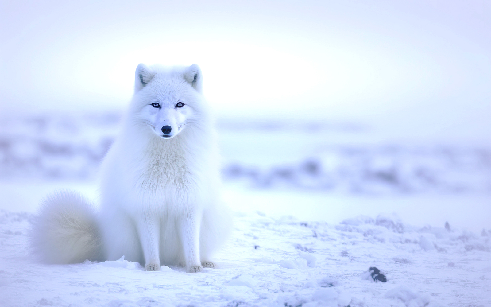 Reindeer sledding through snowy Arctic landscape with an Arctic fox in the foreground.