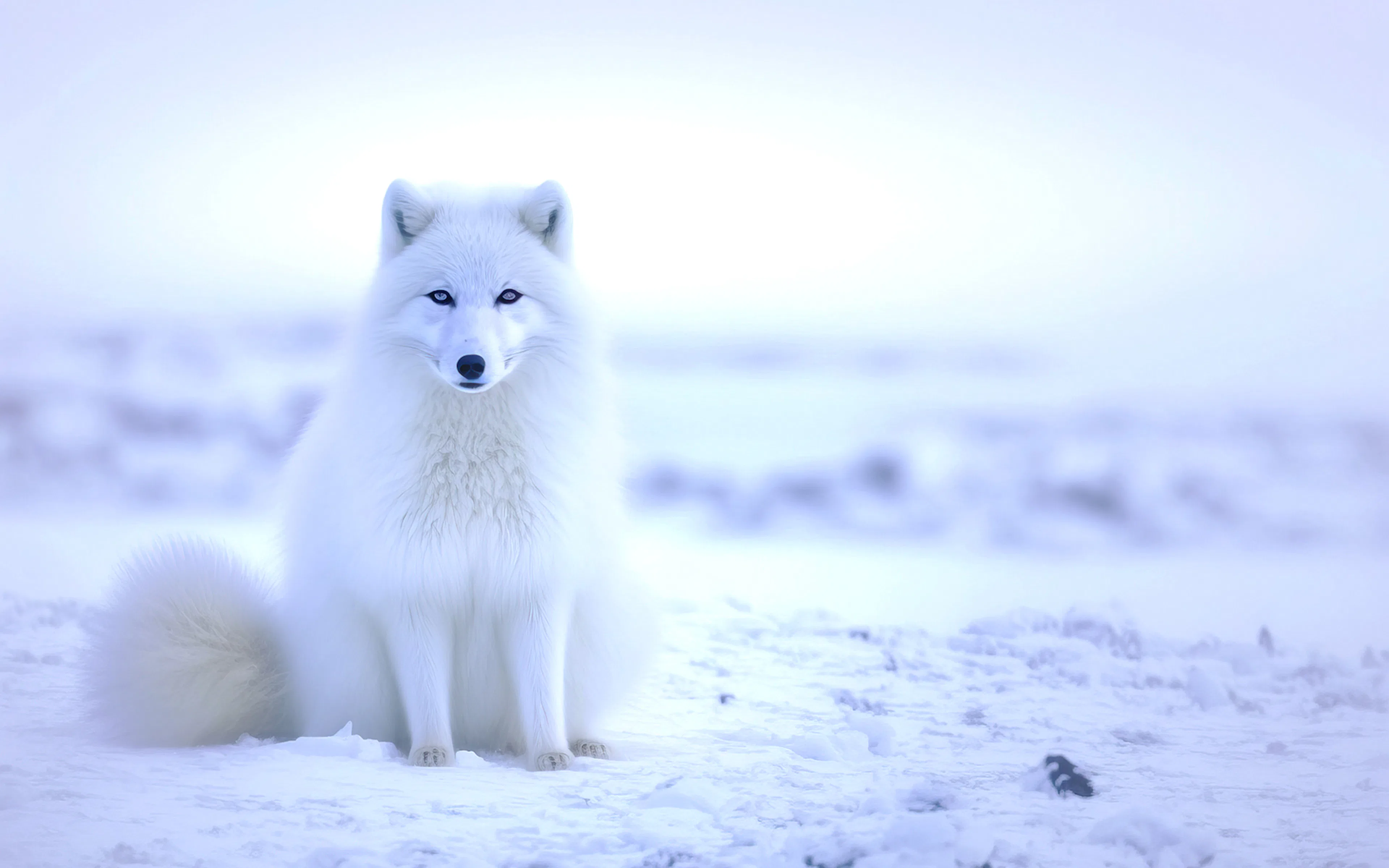 Arctic fox sitting on snowy tundra in winter landscape.