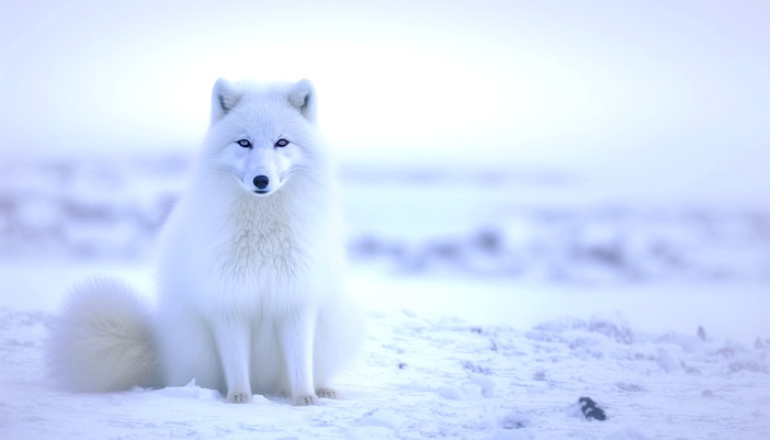 Reindeer sledding through snowy Arctic landscape with an Arctic fox in the foreground.