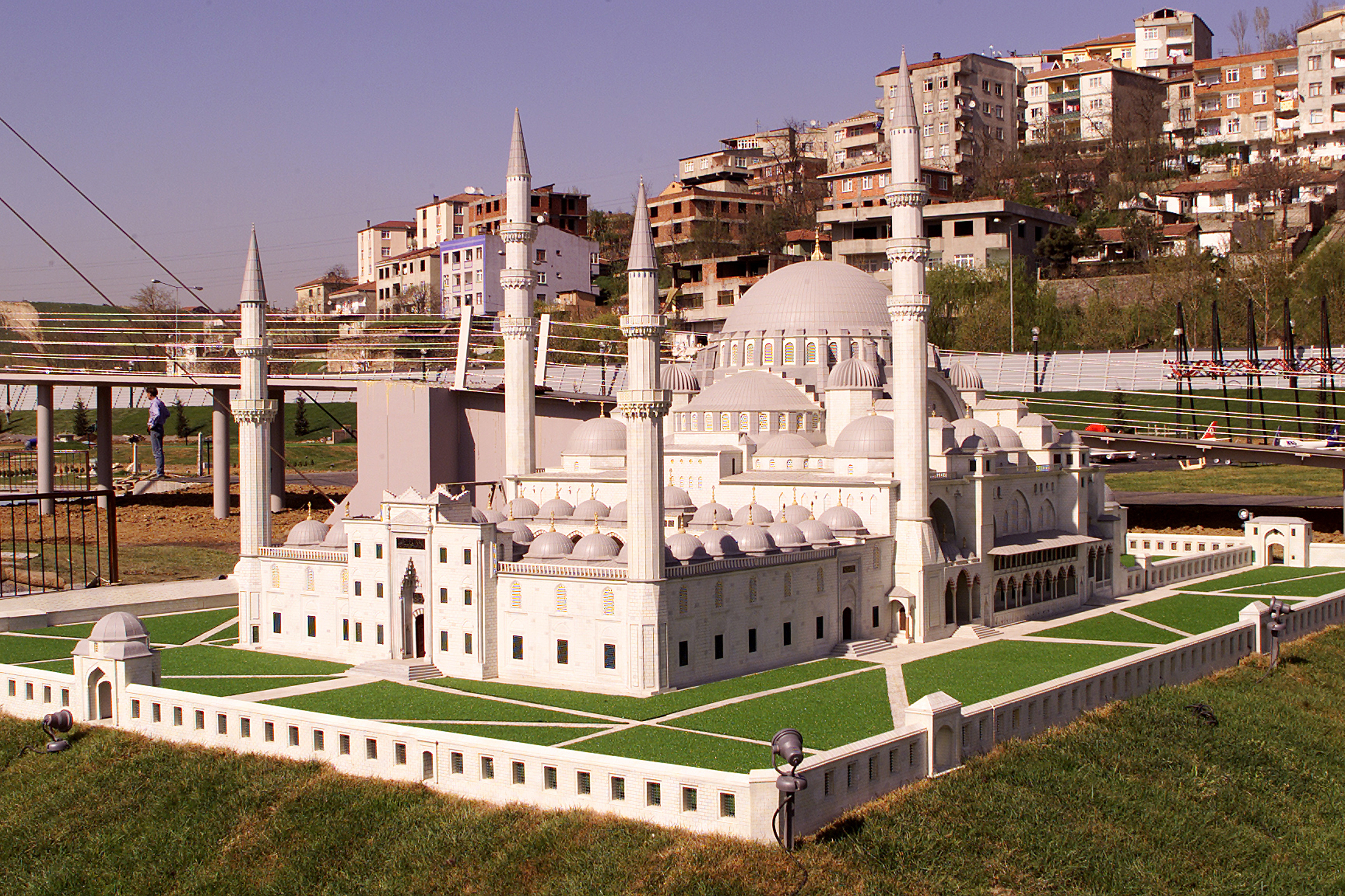 Miniature model of Sultanahmet Mosque at Miniaturk Park, Istanbul, with surrounding buildings.