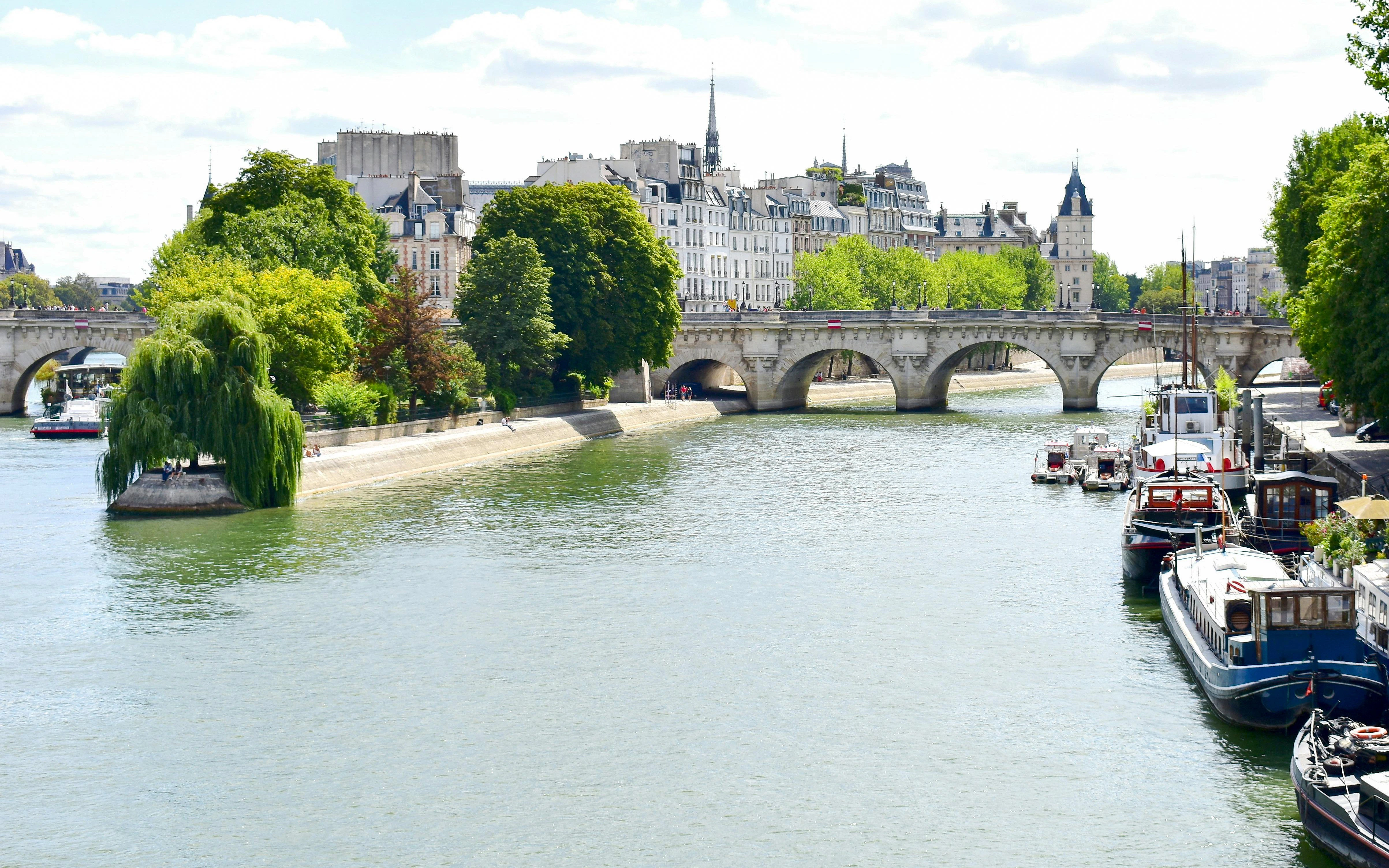 Square du Vert-Galant with Seine River, Paris bridge, and moored boats.