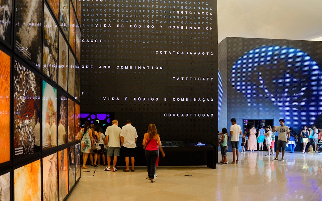 Tourists exploring interactive displays inside Aquário Aquarium.