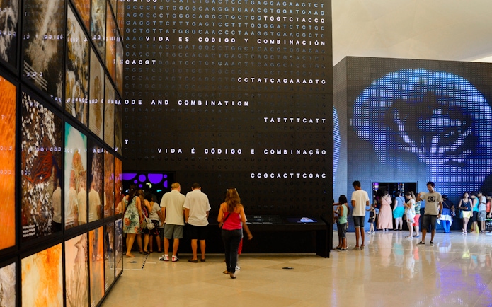 Tourists exploring interactive displays inside Aquário Aquarium.