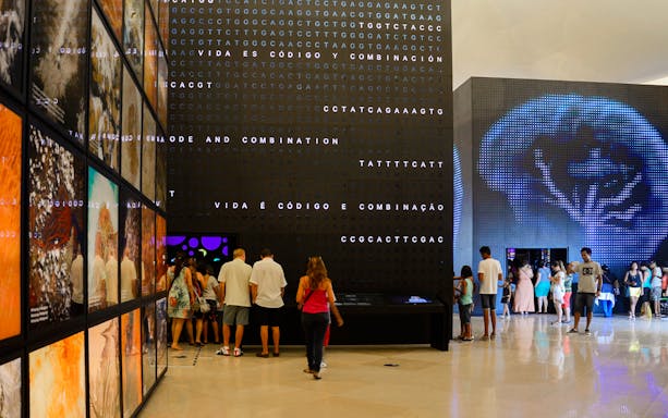 Tourists exploring interactive displays inside Aquário Aquarium.