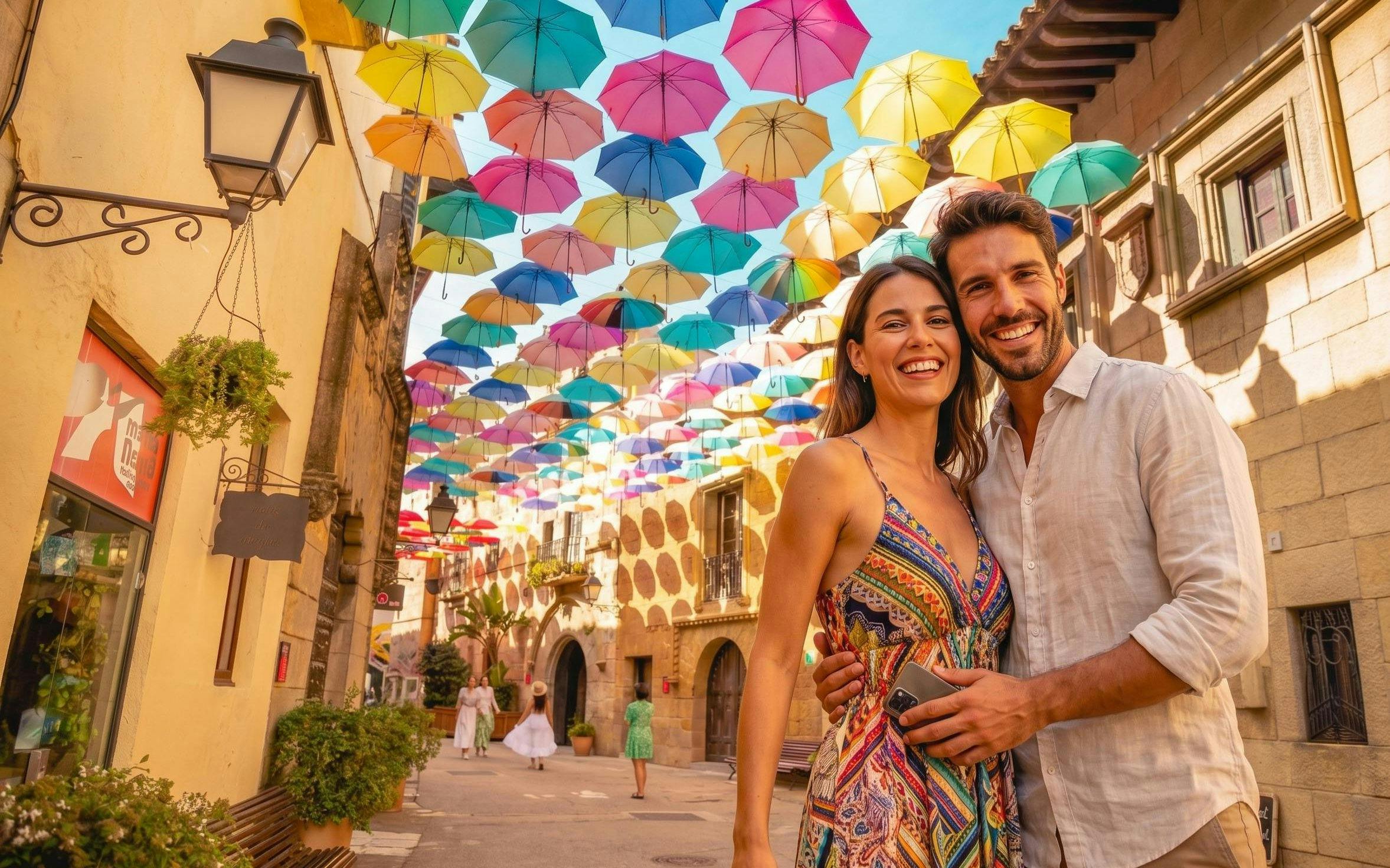 Visitors walking under colorful umbrellas in Poble Espanyol street.