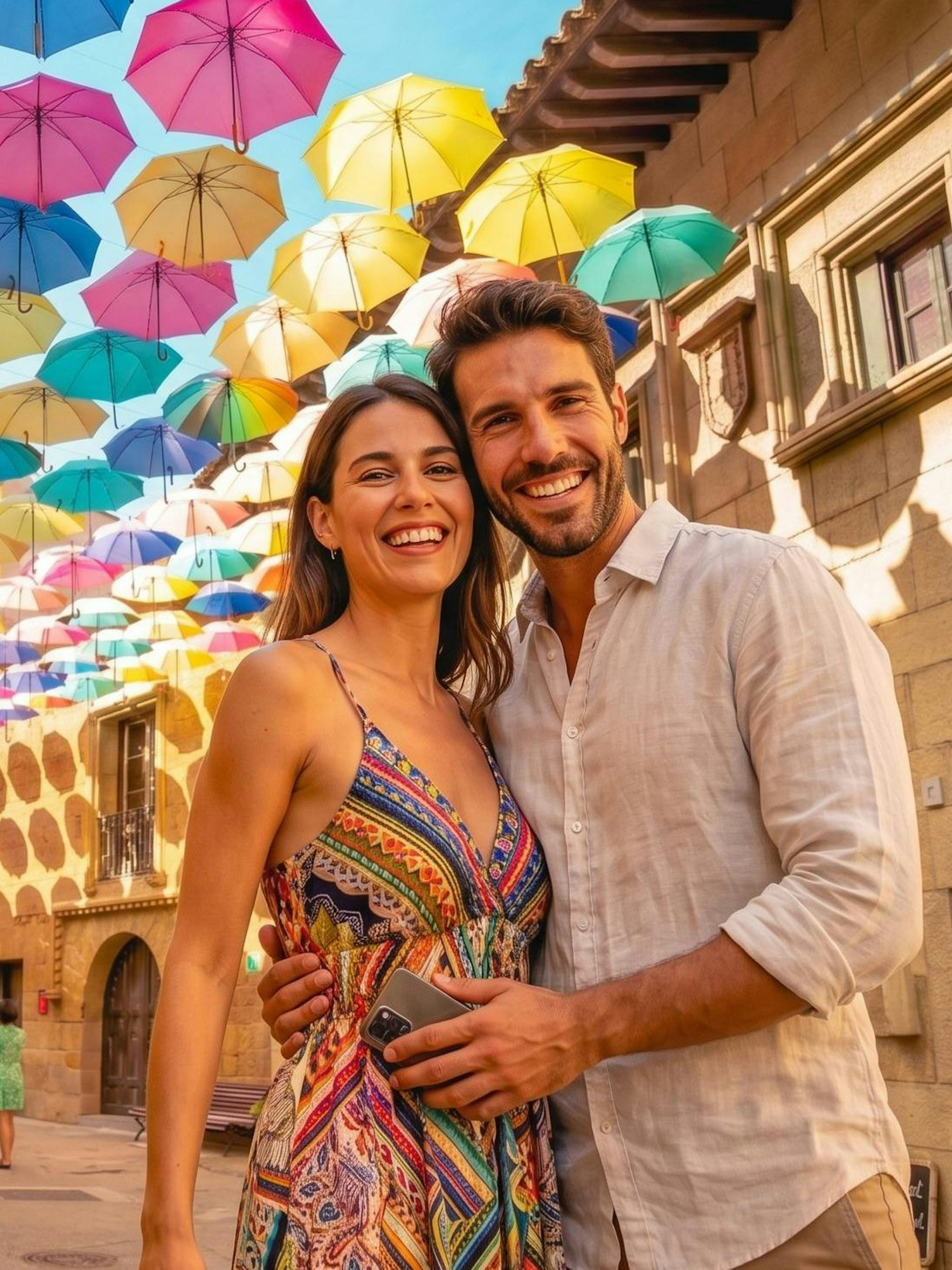 Visitors walking under colorful umbrellas in Poble Espanyol street.