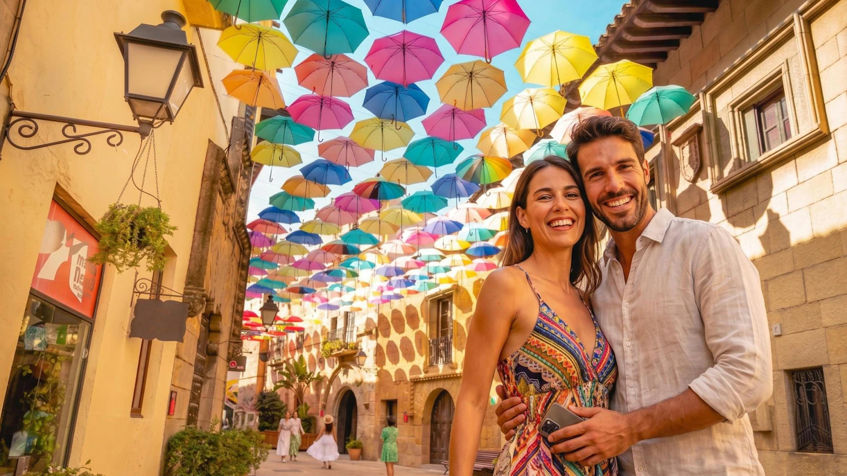 Visitors walking under colorful umbrellas in Poble Espanyol street.
