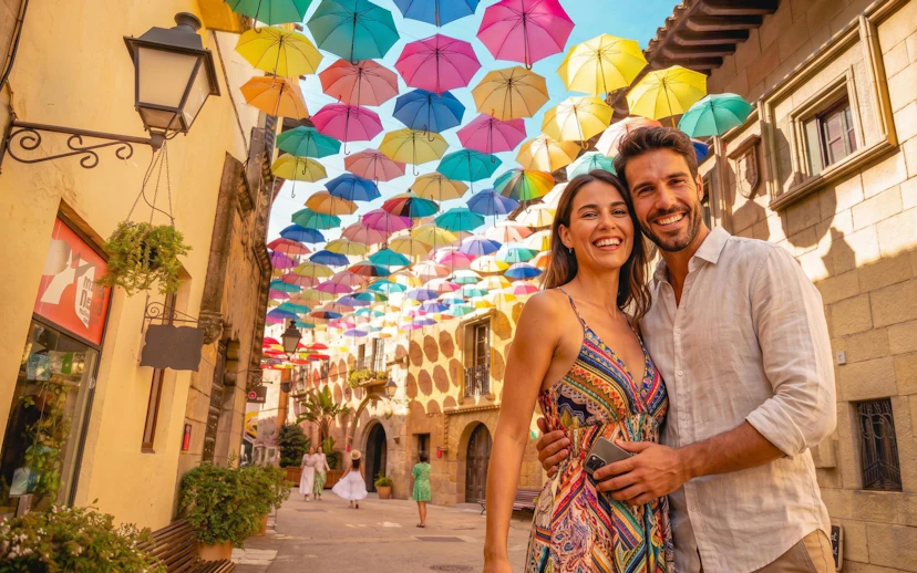 Visitors walking under colorful umbrellas in Poble Espanyol street.