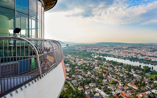 Observation deck view from Donauturm, Vienna overlooking the city and Danube River.