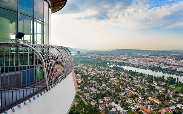 Observation deck view from Donauturm, Vienna overlooking the city and Danube River.
