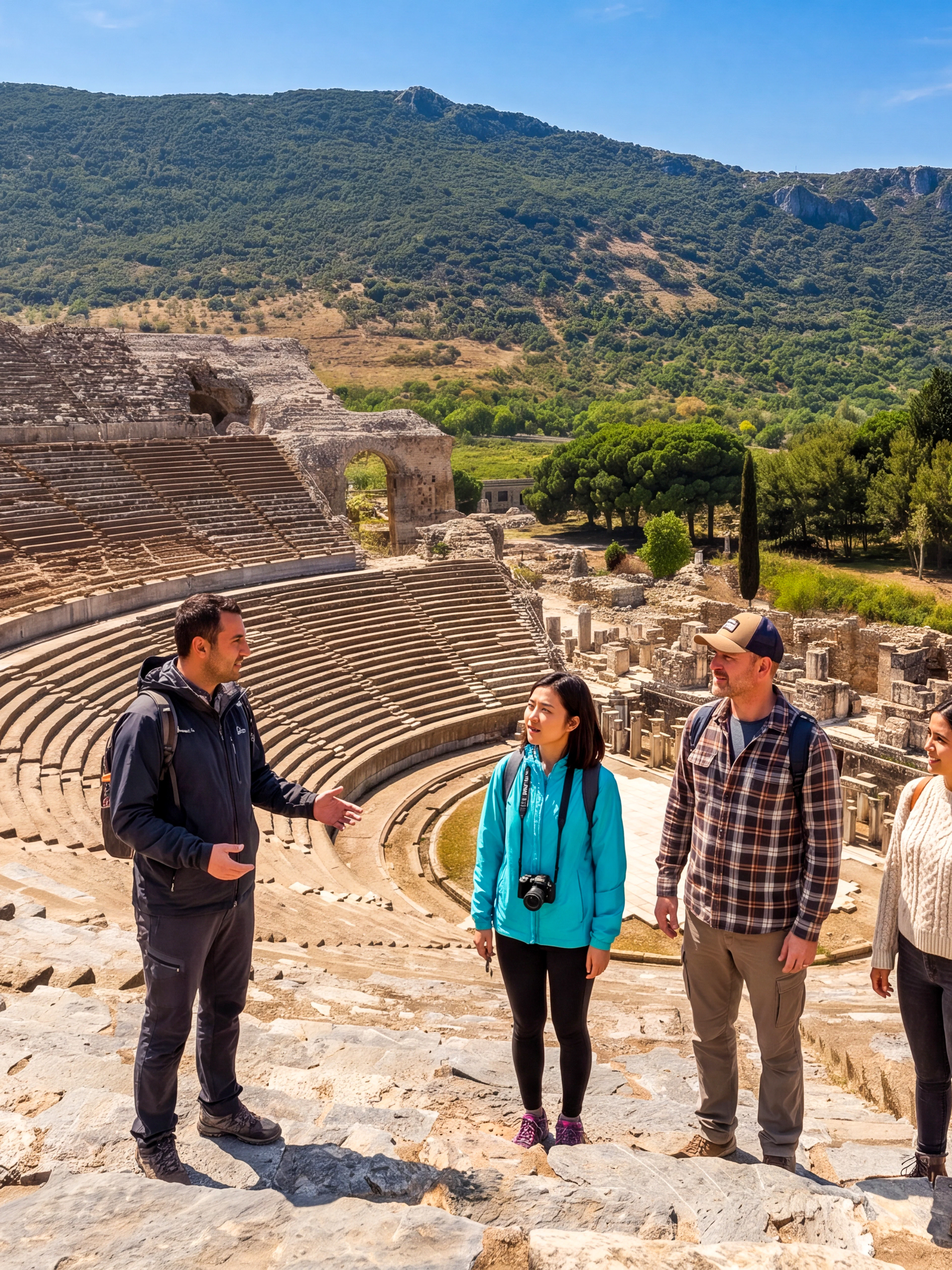 Tour group exploring the ancient amphitheater in Ephesus, Turkey.