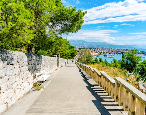 Pathway on Marjan Hill overlooking Split, Croatia with city and sea views.