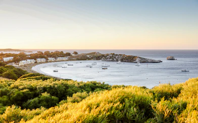 Snorkeling boats anchored in a bay near Perth with coastal landscape.
