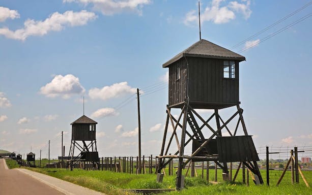 Guard towers at Majdanek concentration camp, part of a guided tour from Warsaw.