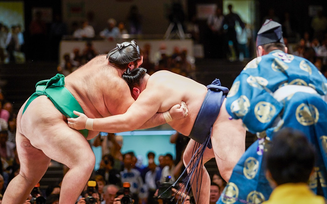 Sumo wrestlers competing in a Tokyo tournament.