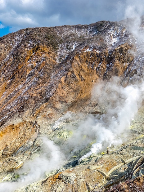 Volcanic steam vents at Owakudani Valley on Mt Fuji tour from Tokyo.