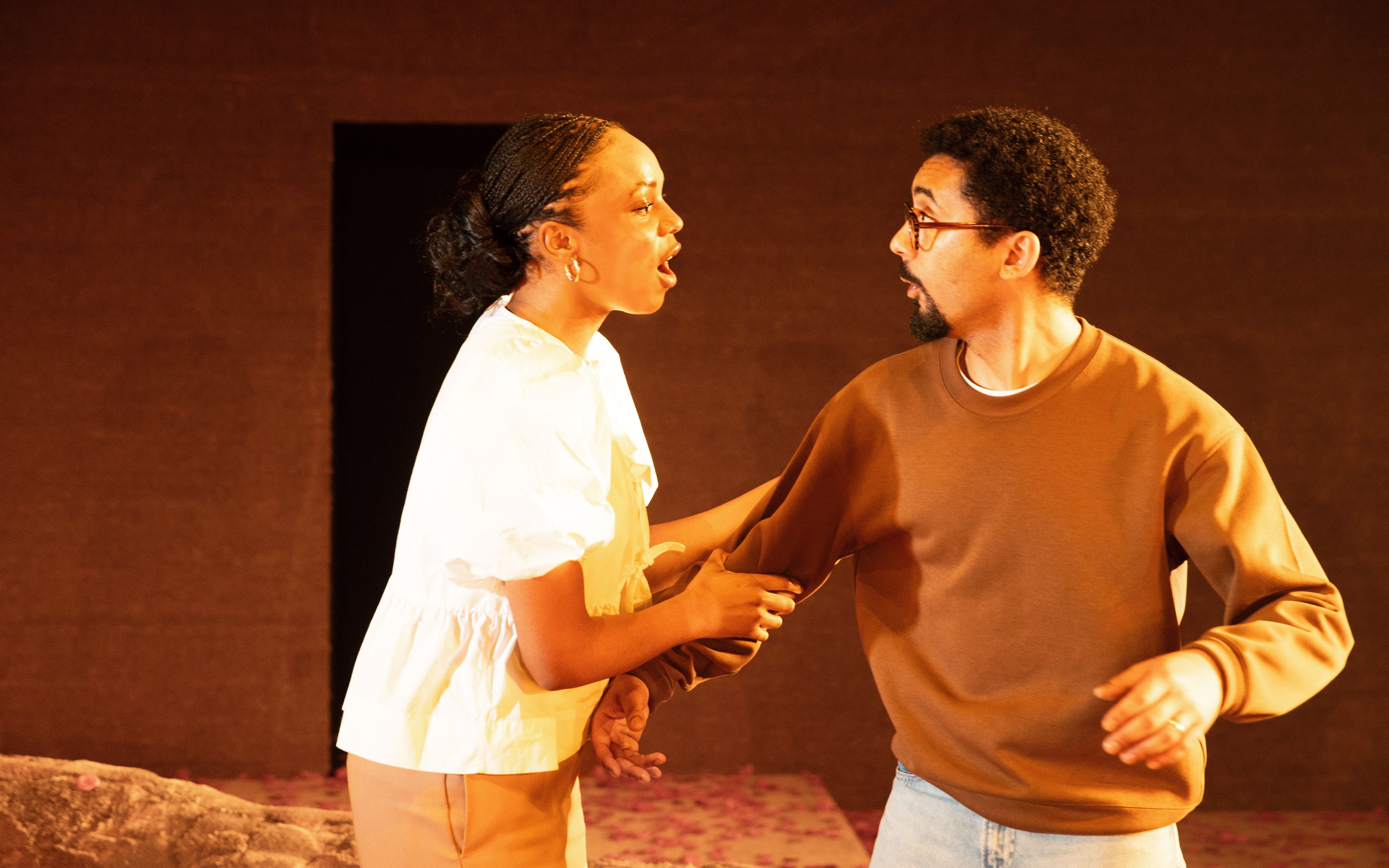 Actors performing a dramatic scene in "All My Sons" West End show.