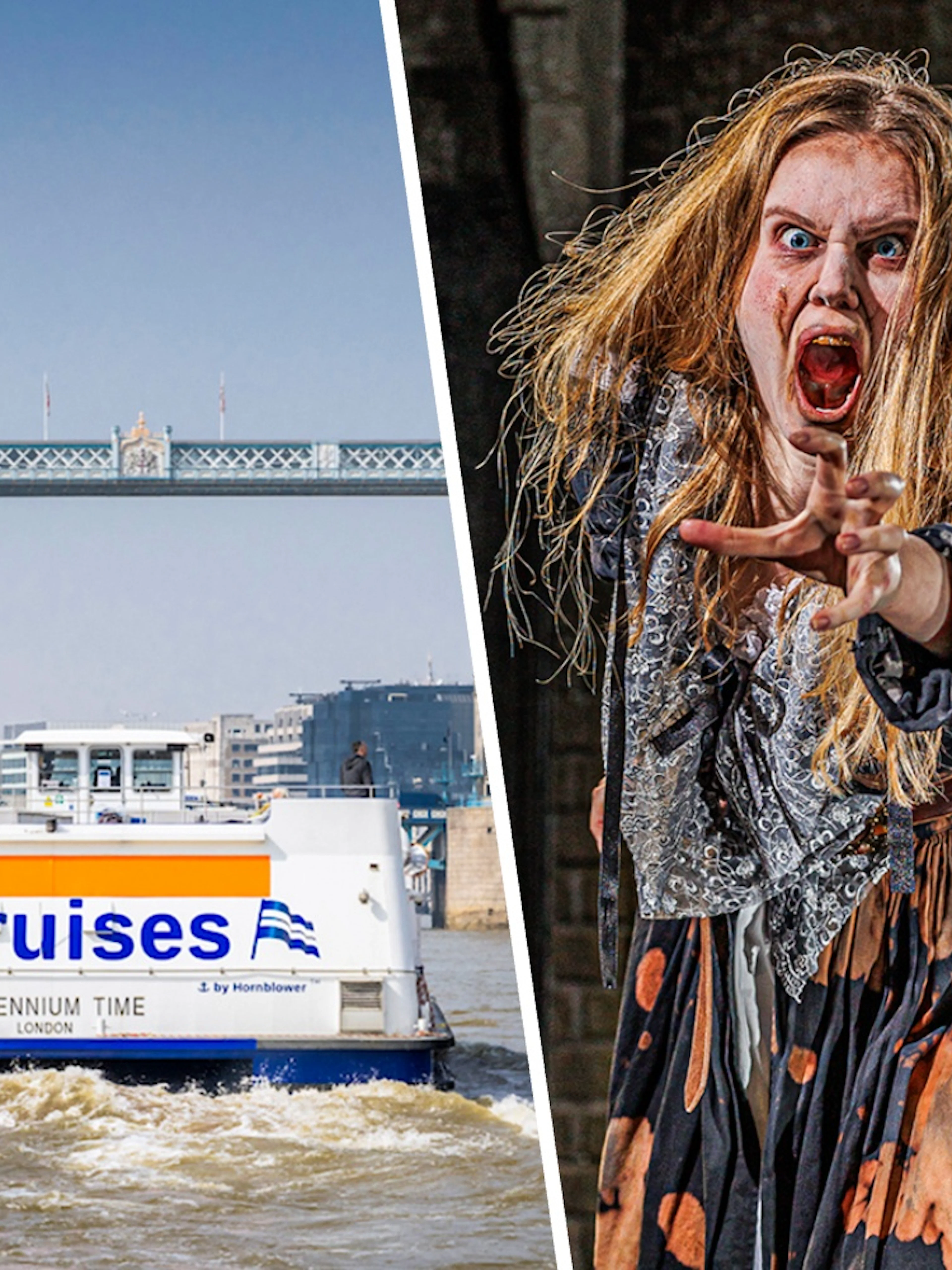 City cruise boat on Thames near Tower Bridge, actor in costume inside London Dungeons.