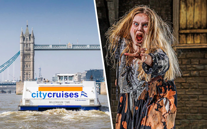 City cruise boat on Thames near Tower Bridge, actor in costume inside London Dungeons.