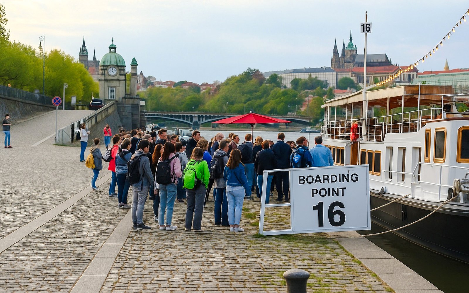 Guests boarding at Prague Evening Cruise, Boarding Point 16, with cityscape in background.