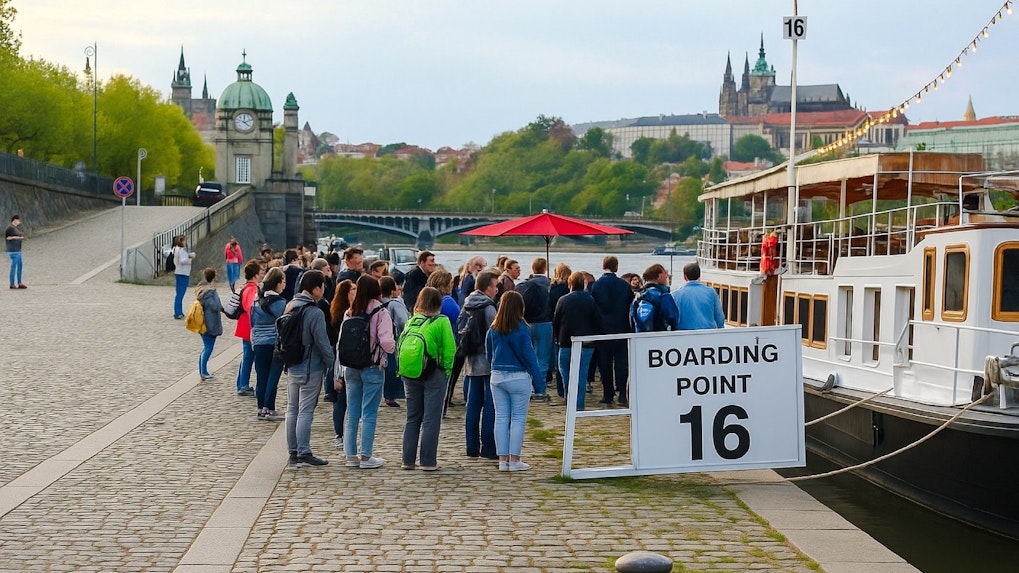Guests boarding at Prague Evening Cruise, Boarding Point 16, with cityscape in background.