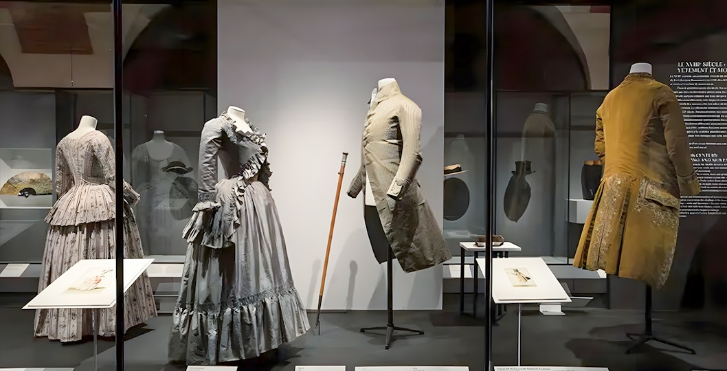 Period costumes on display at Palais Galliera exhibit in Paris.